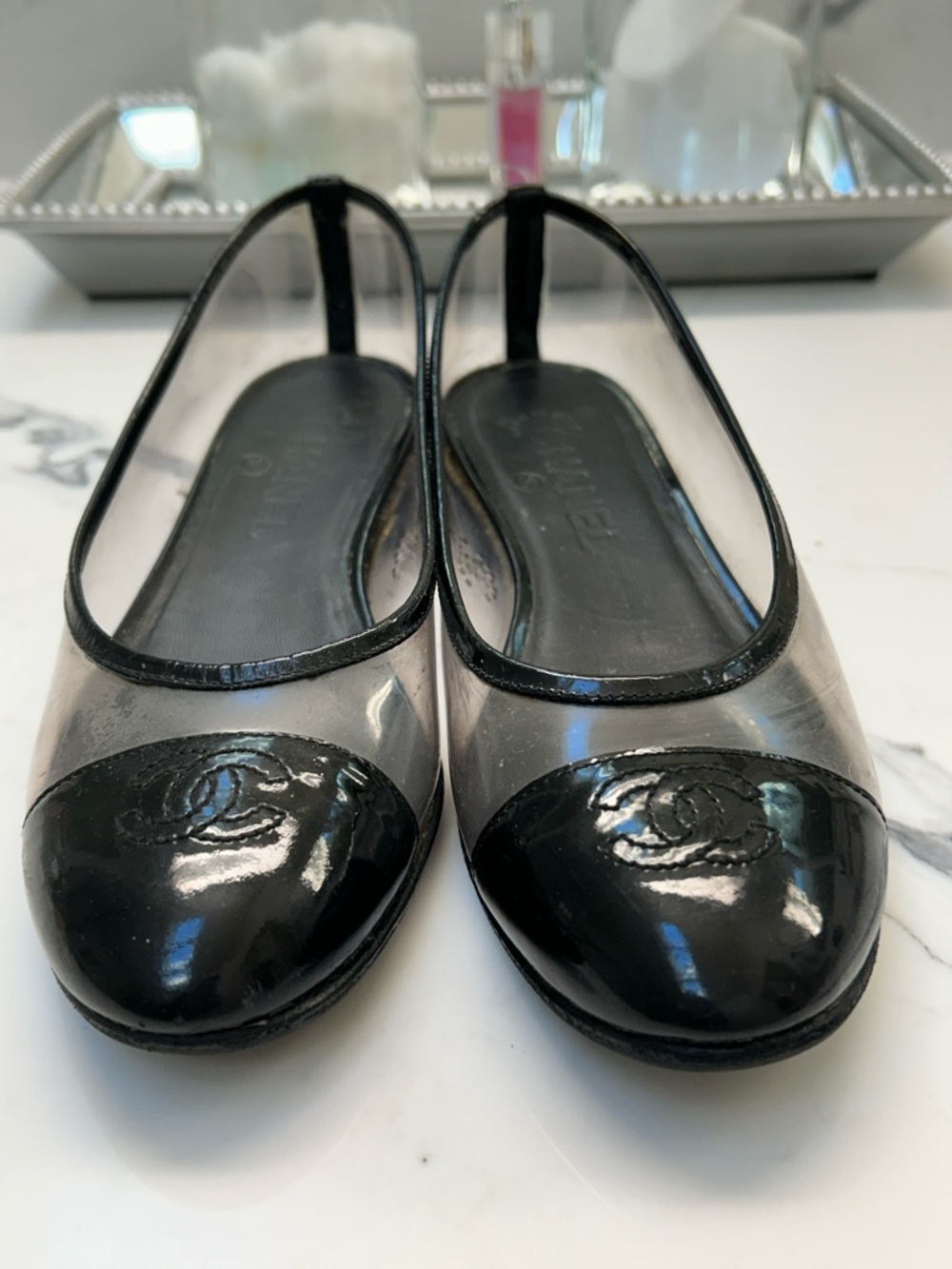 CHANEL Black Patent Cap-Toe Clear PVC Ballet Flats - Picture 10 of 13